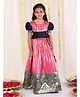 JBN Creation Puffed Half Sleeves Frill Detailed Flower Motif Embellished & Graph Checked Coordinating South Indian Style Pavda Pattu Lehenga Set - Pink & Navy Blue