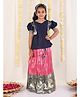 JBN Creation Puffed Half Sleeves Flower Motif Embellished & Graph Checked Coordinating South Indian Style Pavda Pattu Lehenga Set - Pink & Navy Blue