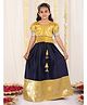 JBN Creation Puffed Half Sleeves Peacock & Flower Motif Foil Embellished South Indian Style Pavda Pattu Lehenga Set -  Mustard Yellow & Navy Blue