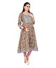 Mom for sure by Ketki Dalal Three Fourth Sleeves Seamless Floral Printed & Lace Embellished Maternity Anarkali Kurta With Concealed Zipper Nursing Access - Blue