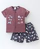 Cucumber Cotton Sinker Knit Half Sleeves Night Suit with JCB Print - Plum