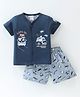 Cucumber Cotton Sinker Knit Half Sleeves Night Suit with Elephant Print - Blue