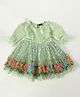 Bella Moda Puffed Full Sleeves Ruffled Bodice & Floral Hem Embroidered - Green
