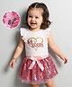 Kookie Kids Sleeveless Tops & Skirts With Text Print & Sequin Detailing - White & Pink