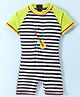 ROVARS Lycra Half Sleeves Legged Swimsuit Striped & Jazz Patch - Black & Lemon Green
