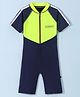 Rovars Cotton Lycra Half Sleeves Solid Color Legged Swimsuit - Lemon Yellow & Navy Blue