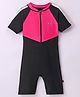 Rovars Cotton Lycra Half Sleeves Solid Color Legged Swimsuit - Pink & Black