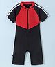 Rovars Cotton Lycra Half Sleeves Solid Color Legged Swimsuit - Red & Black
