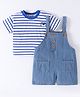 Kookie Kids Dungaree and Half Sleeves Striped T-Shirt - Blue