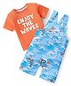 Babyhug Cotton Knit Dolphin Printed Dungaree with Half Sleeves T-Shirt - Light Blue & Orange