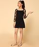 Kids Cave 95% Cotton 5% Three Fourth Sleeves Floral Mesh Embroidered Biowashed Dress - Black