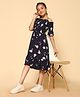 Kids Cave Cold Shoulder Half Sleeves Floral Printed Smock Detailed Dress - Blue
