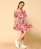 Kids Cave Cold Shoulder Half Sleeves Seamless Floral Printed Smoking Detailes Dress - Pink