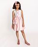 A Little Fable Sleeveless  Floral Applique Detailed  & Swiss Dots Embellished Box Pleated Dress - White & Pink