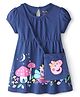 Babyhug Cotton Jersey Woven Puffed Sleeves Peppa Pig Printed Frock with Sling Bag - Navy Blue