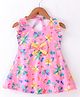 Dew Drops Cotton Knit Sleeveless Frock With Bow Applique & Floral Print - Pink