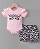 Kookie Kids Half Sleeve Onesie With Shorts Text & Leopard Print - Pink & Black
