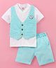 Wow Clothes Cotton Half Sleeves Shirt & Shorts Set with Striped Waistcoat- Light Blue