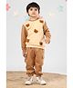 Polka Tots Full Sleeves Teddy Terry Work Detailed Cargo Style Coordinating Joggers Set - Brown