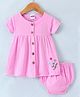 Pepito Cotton Woven Half Sleeves Floral Embroidered Frock with Bloomer - Light Pink