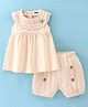 Pepito Cotton Woven Sleeveless Lace & Button Detailing Frock with Bloomer - Beige