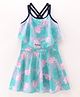 ROVARS Lycra Sleeveless Floral Printed Frock Style Swimsuit - Pink & Blue