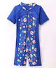 ROVARS Lycra Half Sleeves Fruit Print Legged Swimsuit - Blue