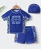 Kookie Kids Half Sleeves Two Piece Swimsuit with Cap Text Print -  Navy Blue