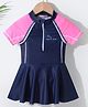 Kookie Kids Half Raglan Sleeves Text Printed Frock style Swimsuit - Navy Blue