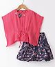 Enfance Core Half Sleeves Flower Applique Detailed Pleated  Top With Floral Printed Skirt - Dark Pink