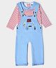 Mi Arcus Full Sleeves Striped Onesie & Travel Theme Embroidered Dungaree Set - Sky Blue