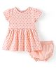 Babyhug Cotton Knit Half Sleeves Frock with Bloomer Polka Dot Print - Peach