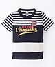 Teddy Sinker Cotton Knit Half Sleeves T-Shirt with Stripe & Text Print - Navy Blue