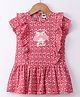 Teddy Cotton Sinker Knit Half Sleeves Frock with Frill Design & Floral Print - Red