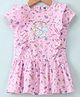 Teddy Cotton Sinker Knit Half Sleeves Frock with Frill Design & Rainbow Print - Pink