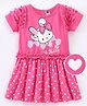 Teddy Sinker Knit Half Sleeves Frock with Frill Design & Bunny Print -Pink
