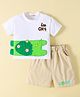 Kookie Kids Half Sleeves T-Shirt & Shorts With Dino Print & Applique - White Green & Brown