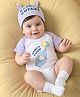 Babyoye  100% Cotton Knit with Eco Jiva Finish Half Sleeves Onesie with Cap Elephant & Text  - White