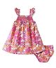 Babyhug Poplin Frill Sleeves Frock With Bloomer Floral Print & Smocking Detailing- Pink