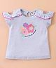ToffyHouse 100% Cotton Knit Cold Shoulder Sleeves Top with Floral Print & Frill Detailing - Greyish Blue