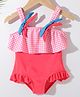 Kookie Kids Sleeveless Checkered V Cut  Swimsuit  with Frill Detailing  & Bow Applique  - Red