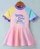 Kookie Kids Half Sleeves Frock Swimsuit with Frill Detailing Text & Floral Print -  Pink
