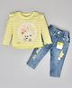 Ketimini Cotton Full Frilled Sleeves Bunny Patched & Striped Top With Denim Pant - Yellow