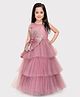Betty By Tiny Kingdom Sleeveless Floral Applique Detailed Shimmer Layered Net Gown -    Peach