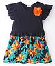CrayonFlakes Half Sleeves Floral Printed Colour Blocked Frilled Dress - Black