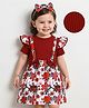 Kookie Kids Half Sleeves Frill Detailing Floral Printed Frock with Bow & Head Band- Maroon