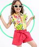 Ollington St. 100% Cotton Flutter Sleeves Leaf Printed Top & Shorts with Self Fabric Belt - Multicolour & Pink