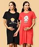 The Mom Store Pack Of 2 Cotton Half Sleeves Cup Cake & Owl Printed Maternity T-Shirt Dresses - Black & Red