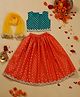 Saka Designs By Sapna Sleeveless Foil Printed Lace Detailed Coordinating Lehenga Choli With Dupatta - Orange & Green