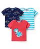 Babyhug Cotton Half Sleeves Striped T-Shirts With Dino Graphics Pack of 3 - Red Navy & Light Blue